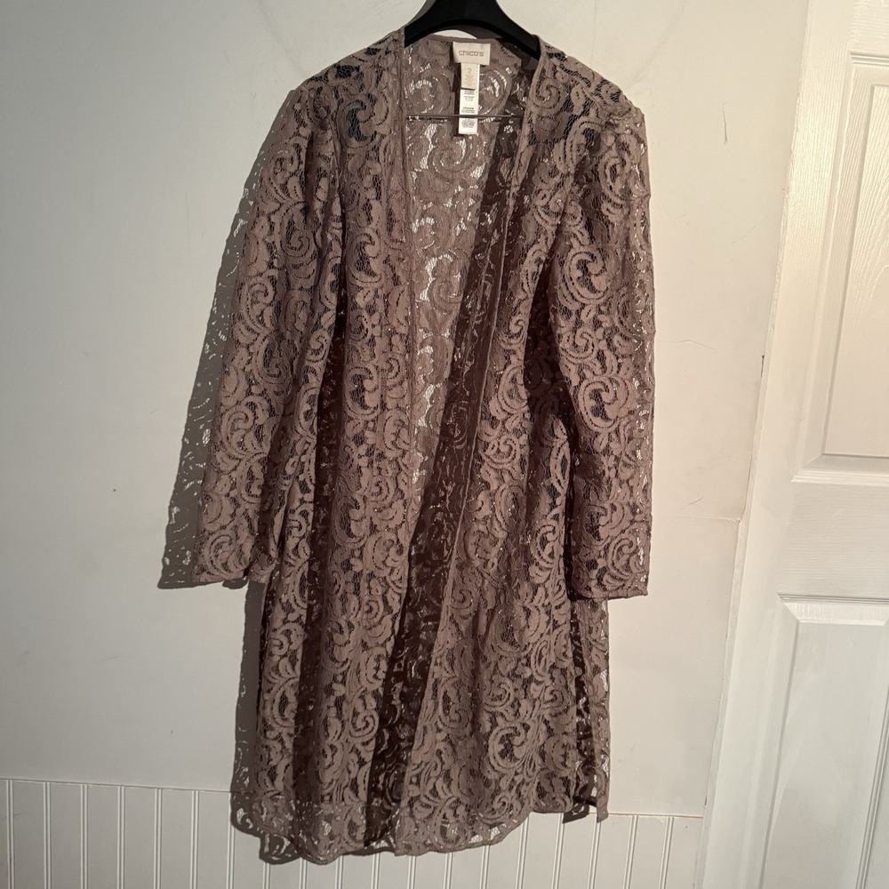 Chicos Size 2 Women's 12 Lace Brown Duster Layer Boho Romantic Elegant